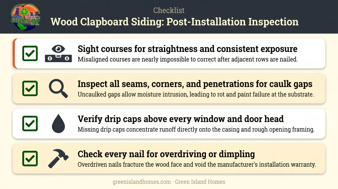 Post-installation clapboard siding inspection checklist with four critical checkpoints