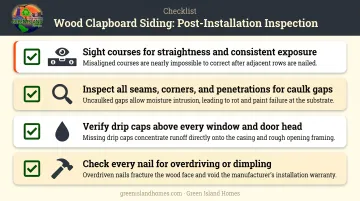 Post-installation clapboard siding inspection checklist with four critical checkpoints