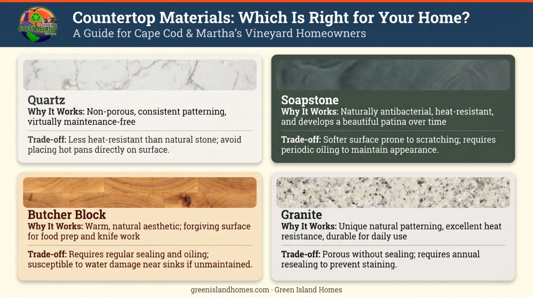 Cape Cod kitchen countertop materials comparison chart quartz soapstone butcher block granite