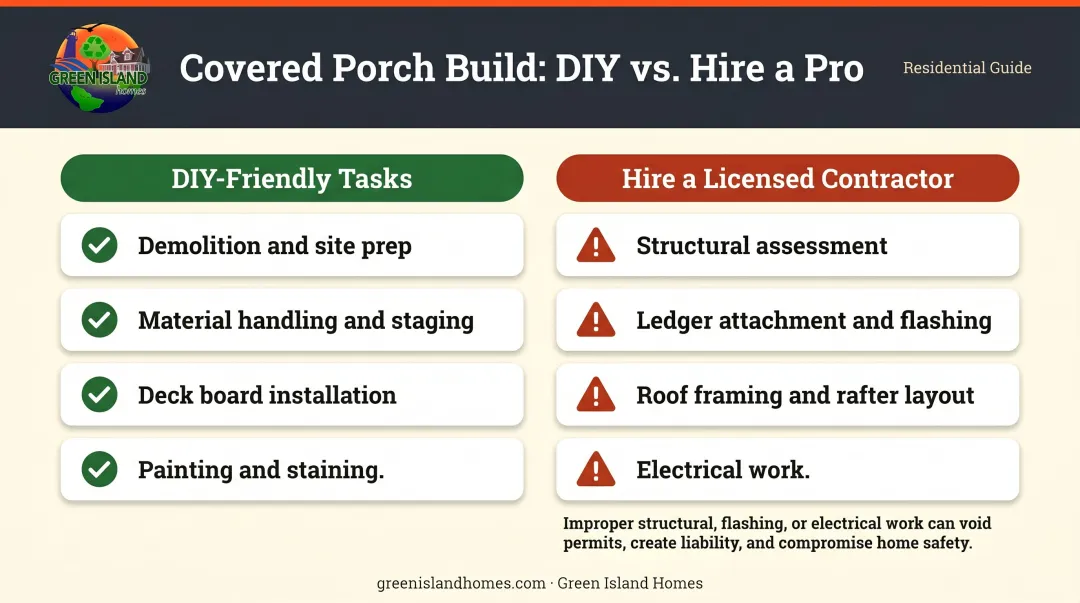 DIY versus hire a contractor task breakdown for covered porch deck build