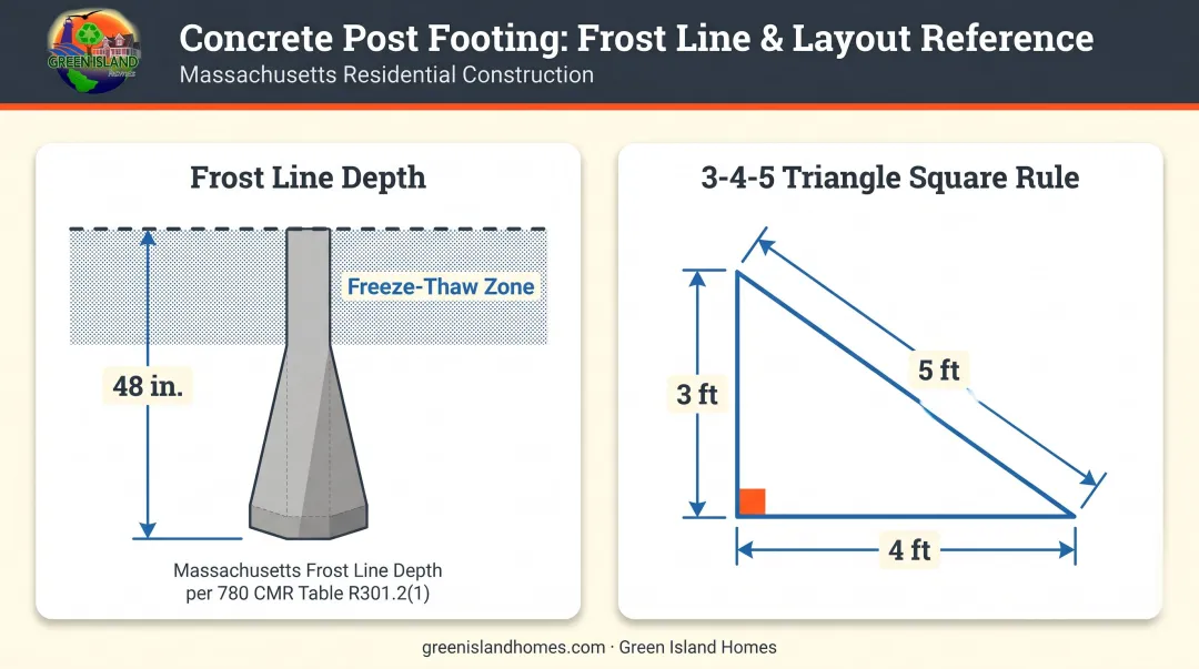 Massachusetts frost line footing depth and 3-4-5 square layout rule diagram
