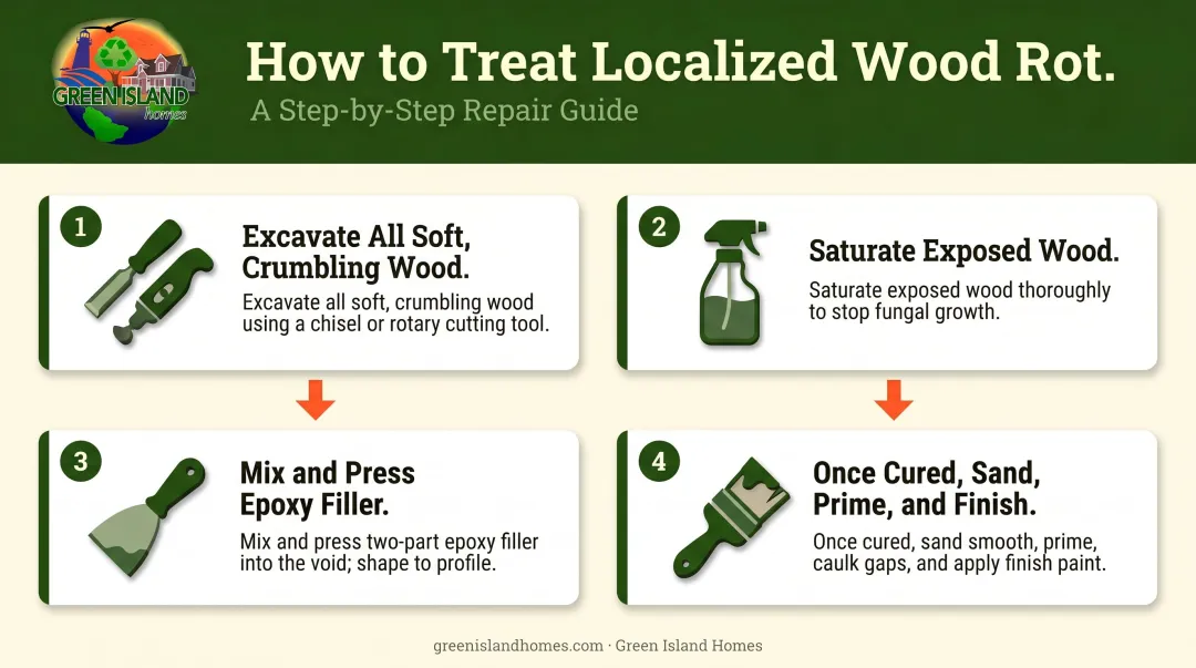 Step-by-step wood siding epoxy rot repair process flow diagram