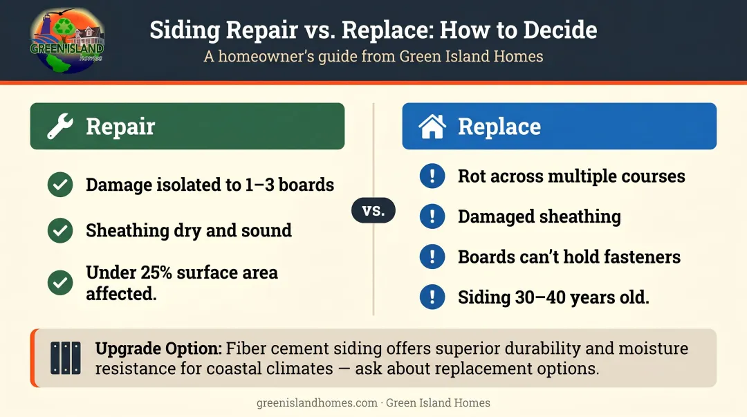 Wood siding repair versus full replacement decision comparison infographic