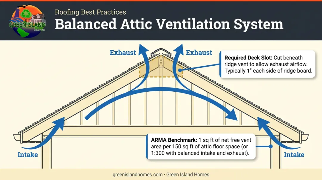 Attic ventilation balance diagram showing intake soffit and exhaust ridge airflow