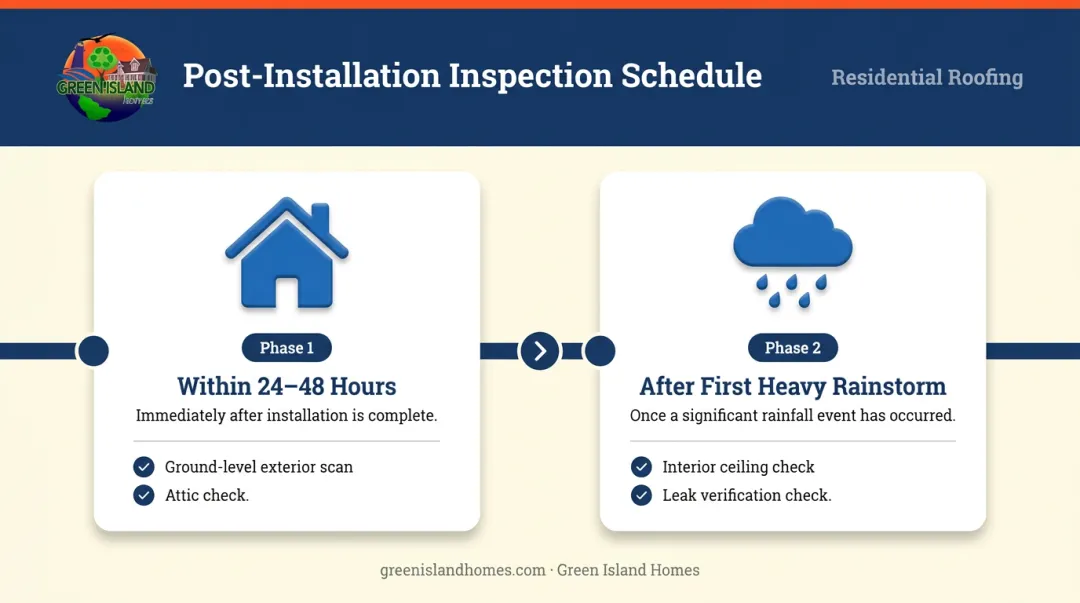 Two-phase new roof post-installation inspection timeline infographic