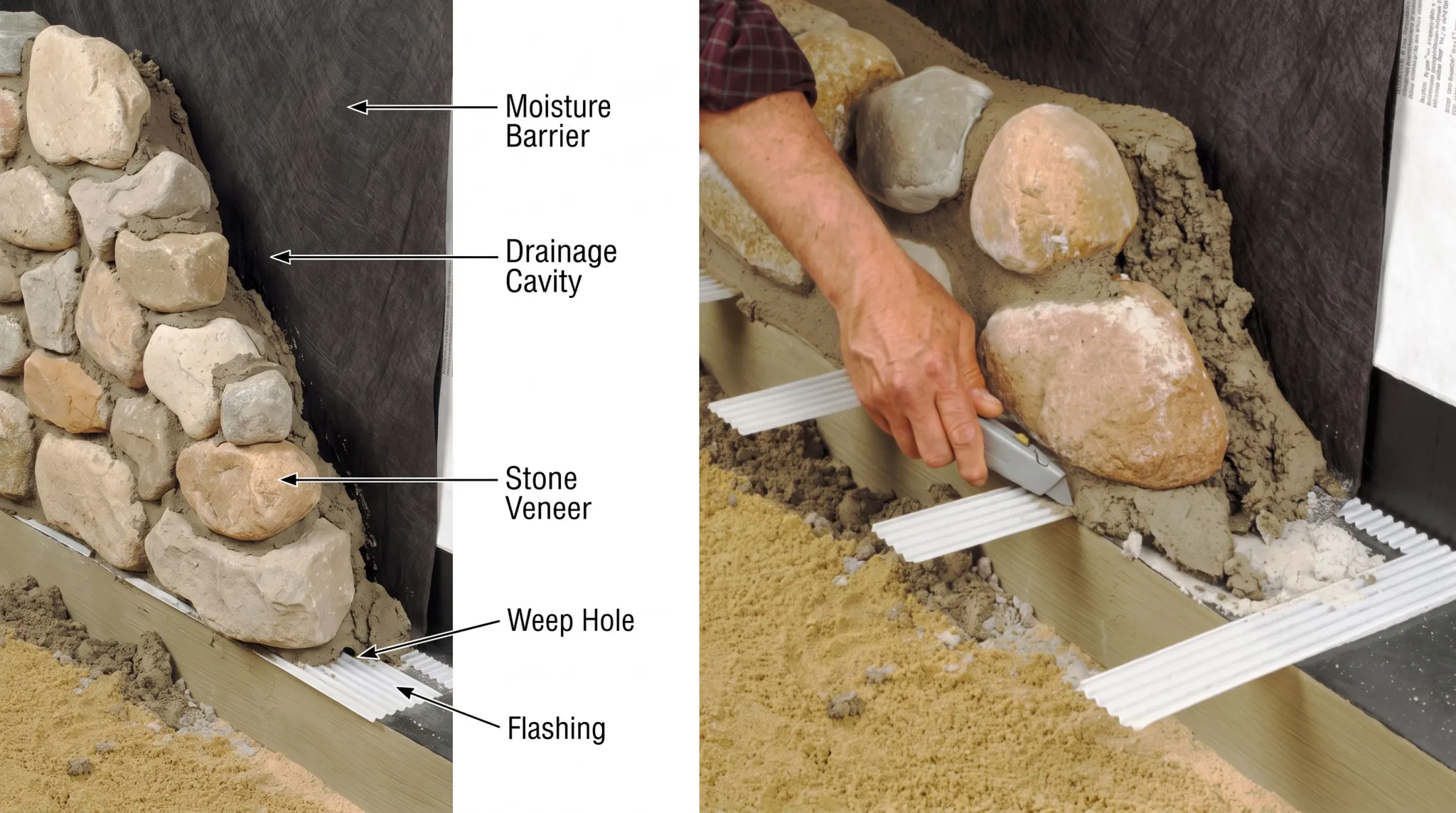 Brick veneer wall installation showing drainage air space and weep holes