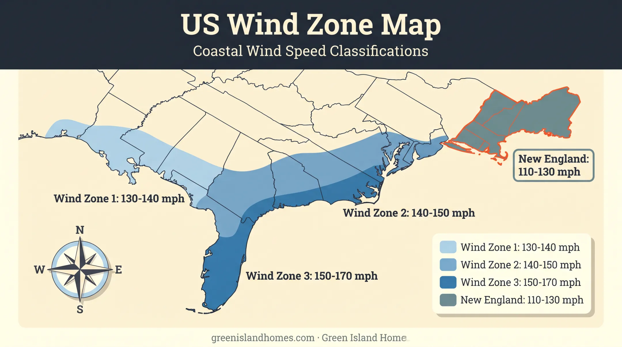 US coastal wind zone map showing Zone 1 2 and 3 speed requirements