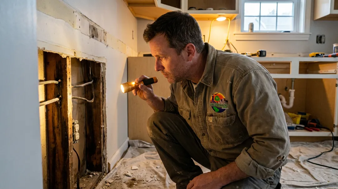 Contractor discovering hidden damage inside opened kitchen wall during home renovation demolition