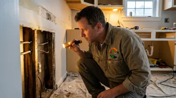 Contractor discovering hidden damage inside opened kitchen wall during home renovation demolition