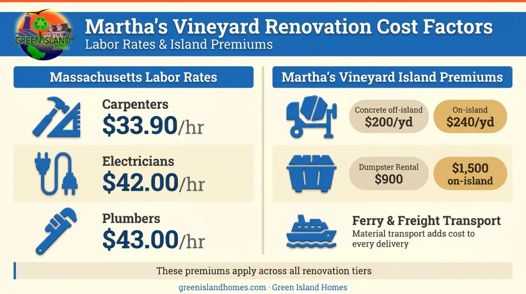 Massachusetts skilled trade labor rates versus Martha's Vineyard island logistics cost premiums