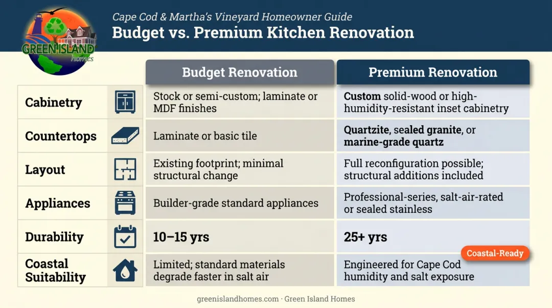 Budget versus premium kitchen renovation comparison chart features durability coastal suitability