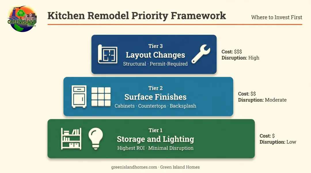 Three-tier small kitchen remodel prioritization framework from storage to layout changes