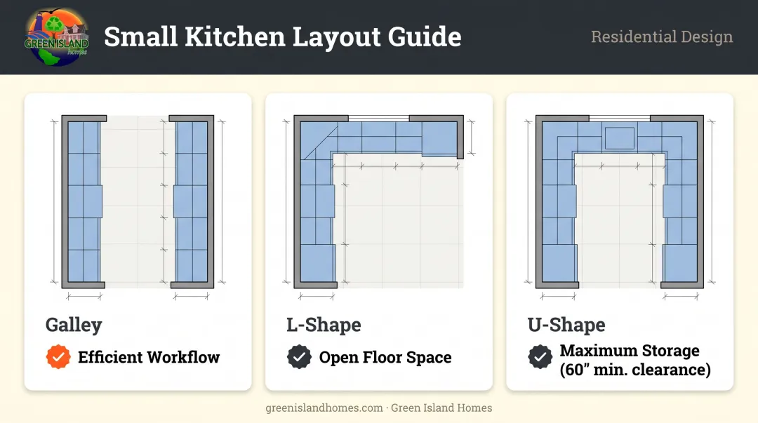 Three small kitchen layout comparison galley L-shape and U-shape floor plans