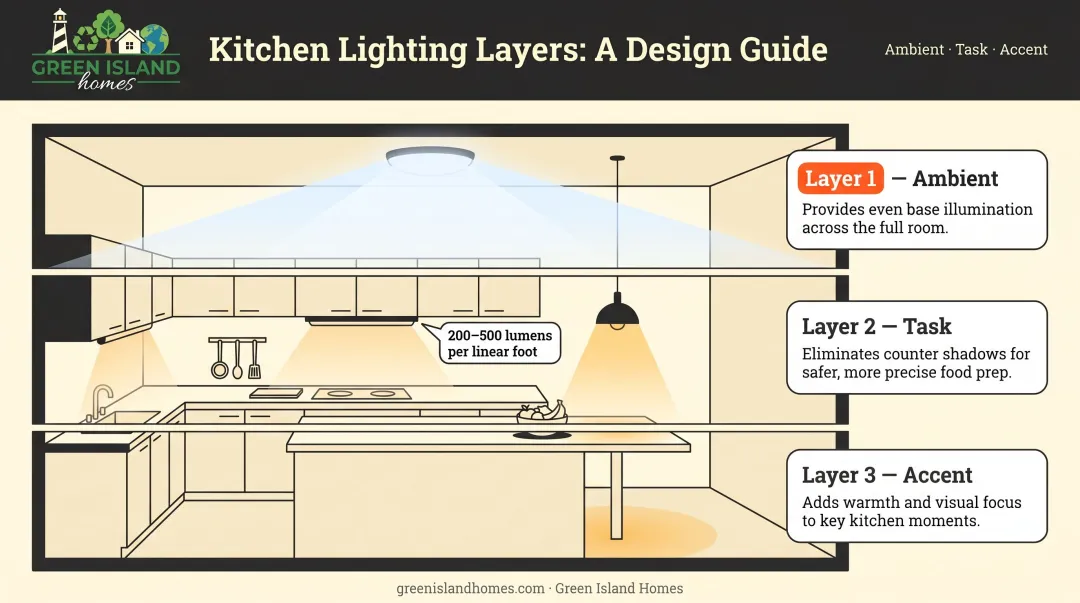 Three-layer small kitchen lighting strategy ambient task and accent diagram