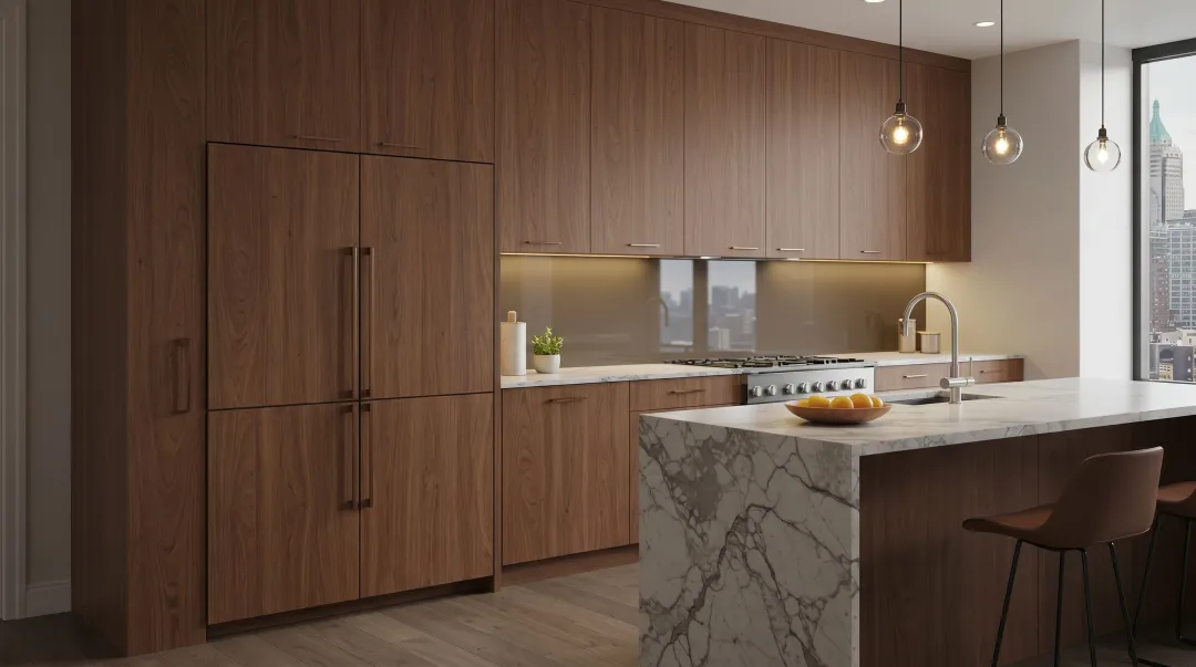 Panel-ready kitchen appliances integrated seamlessly into custom cabinetry design