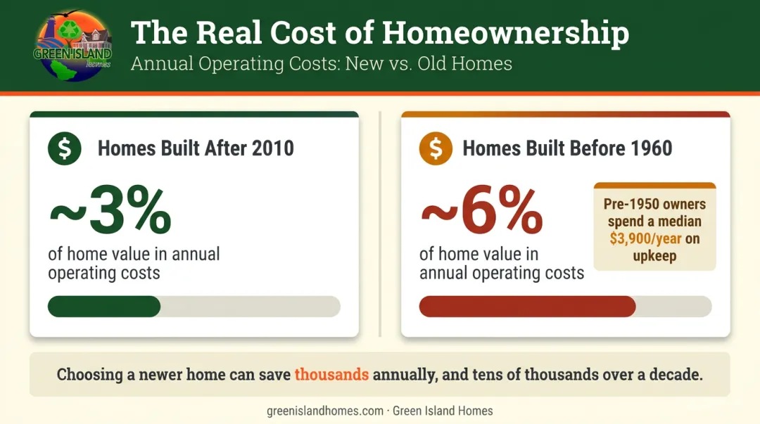 New versus old home annual operating cost comparison infographic with data