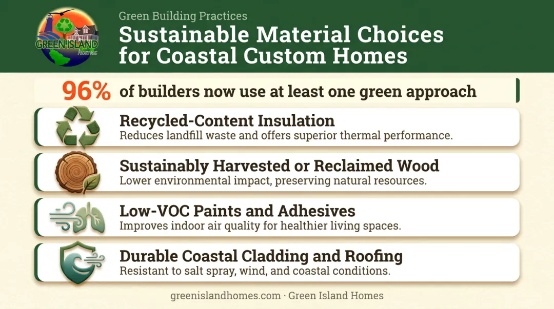 Sustainable custom home building materials and green features selection guide infographic
