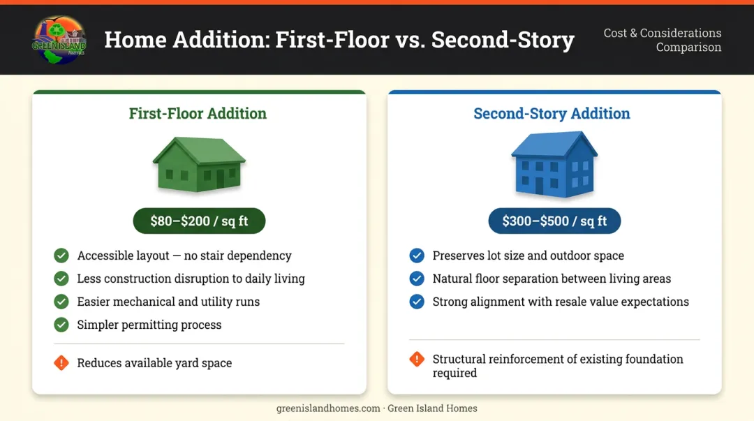 First floor versus second story addition cost and trade-off comparison infographic