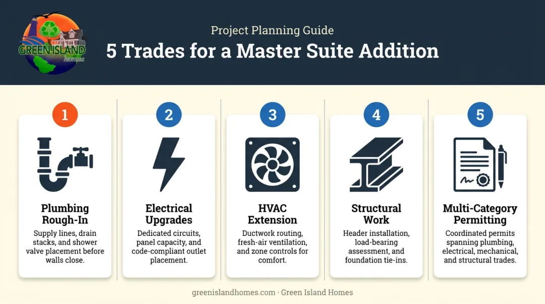 Five trades required for master suite addition from plumbing to permitting
