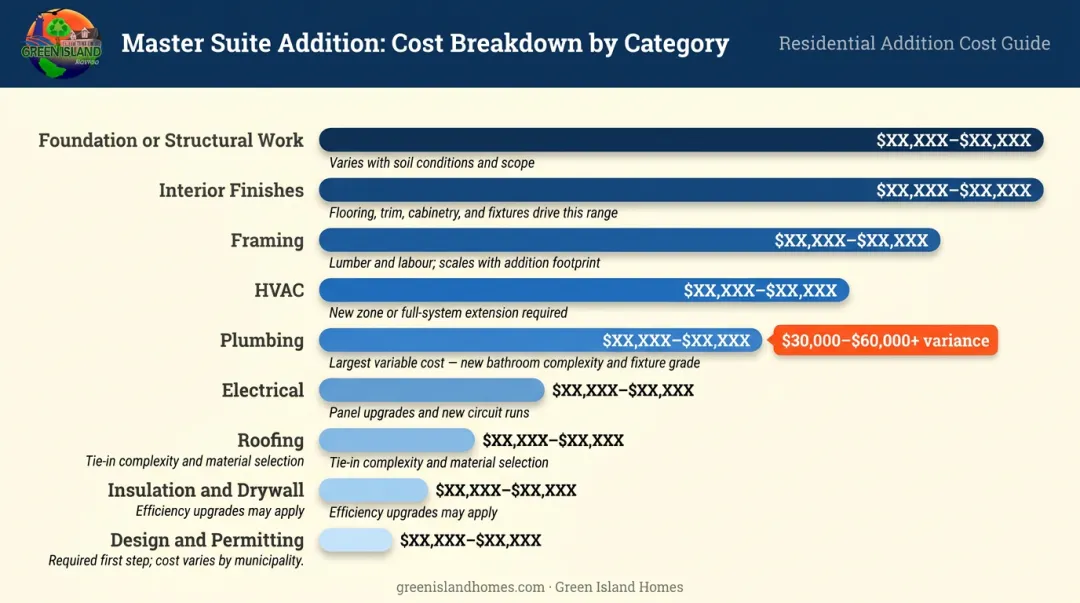 Master suite addition cost breakdown by category from foundation to interior finishes