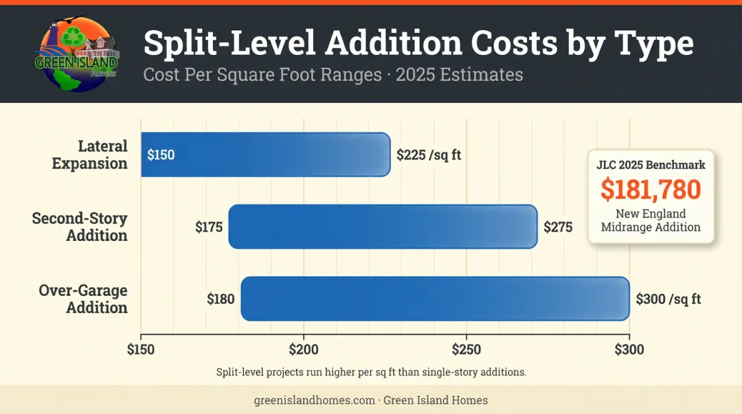 Split-level master suite addition cost comparison table by addition type and price range
