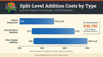 Split-level master suite addition cost comparison table by addition type and price range