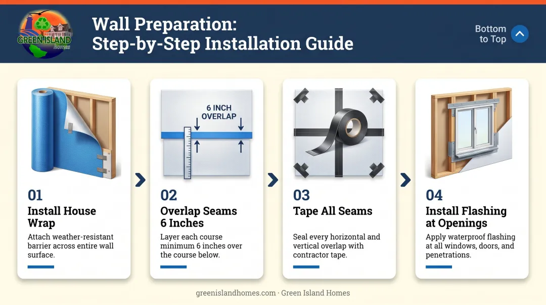 4-step cedar siding wall prep sequence from sheathing to flashing installation
