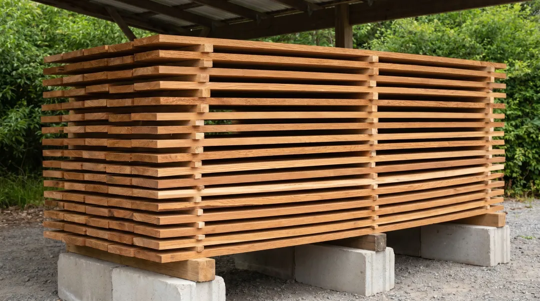 Cedar siding boards stored flat off ground with stickers for proper acclimation airflow