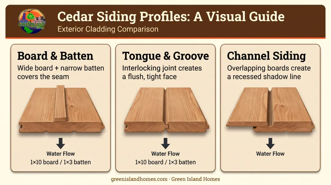 Three vertical cedar siding profiles board batten tongue groove channel comparison