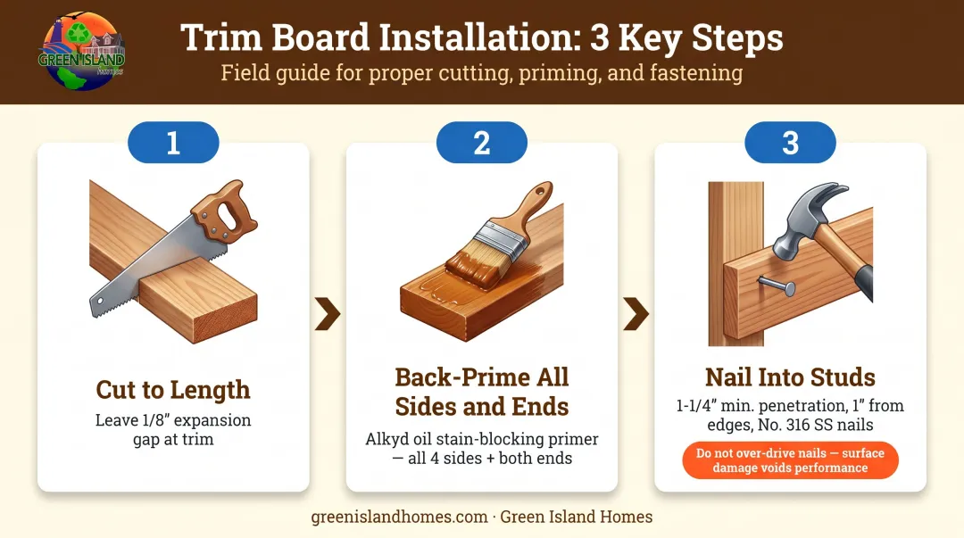 Three-step vertical cedar siding board installation process cut prime nail