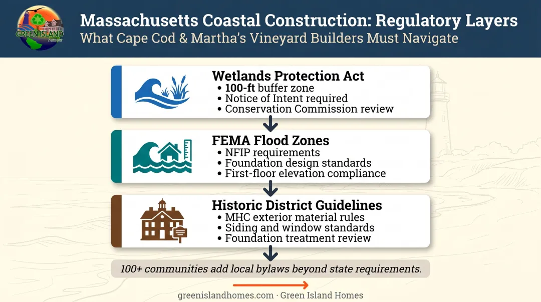 Three-layer Massachusetts coastal construction regulatory approval process flow infographic