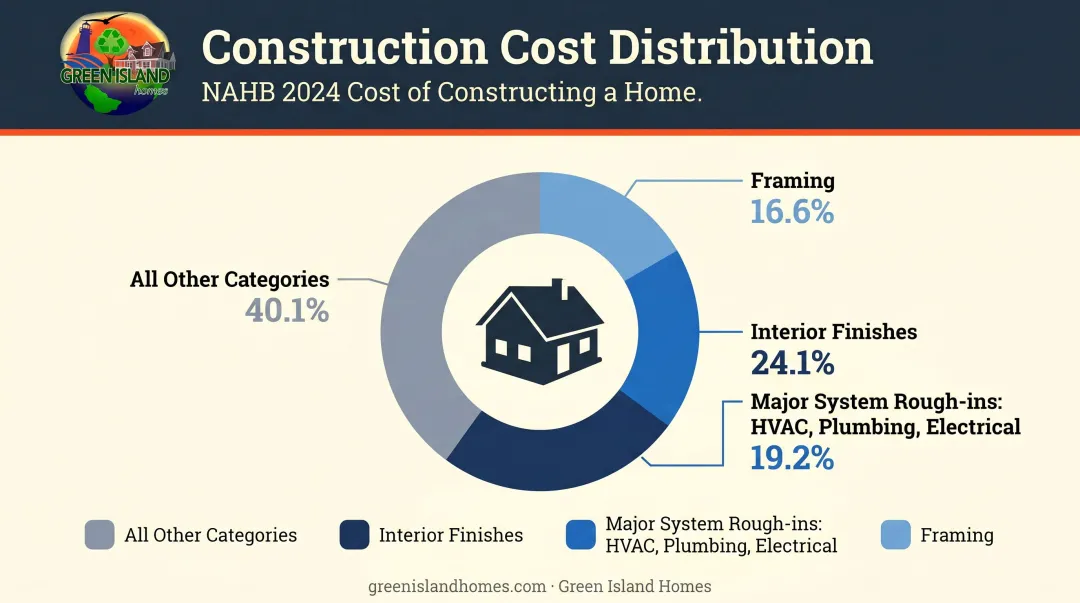 Custom home construction cost breakdown by category percentage pie chart infographic