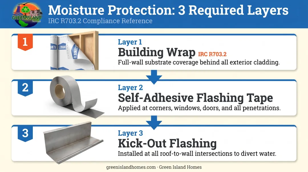 Three-layer cedar siding moisture barrier installation sequence with flashing requirements