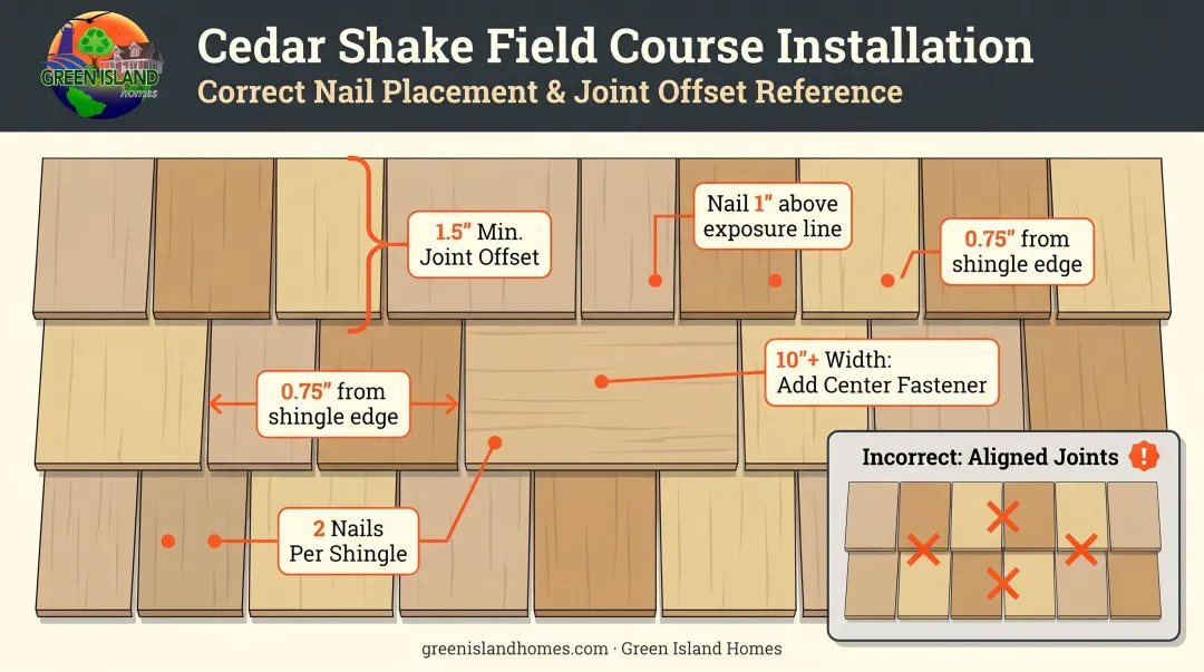 Cedar shake field course nailing pattern diagram showing offset joints and fastener placement rules