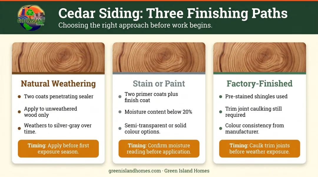 Cedar shake siding finishing options comparison natural weathering stain and paint paths