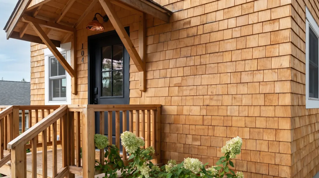 Cedar shake siding installation on coastal home showing clean course alignment and trim detail
