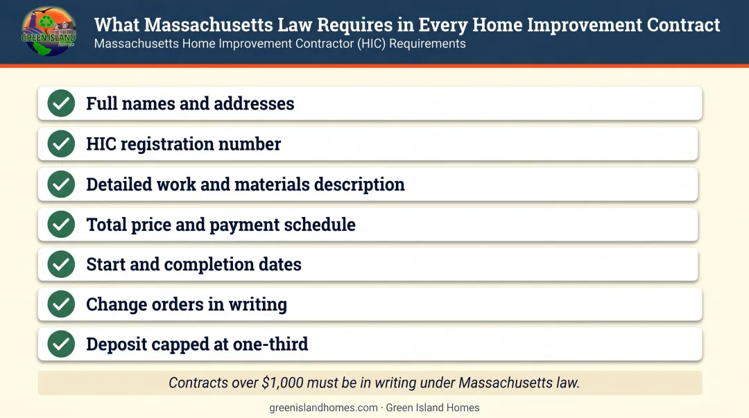 Massachusetts home improvement contract required elements legal checklist infographic