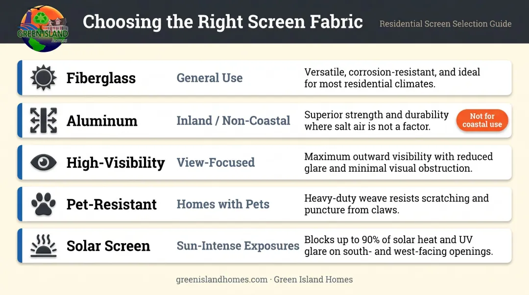 Five porch screen fabric types comparison chart by climate and use case