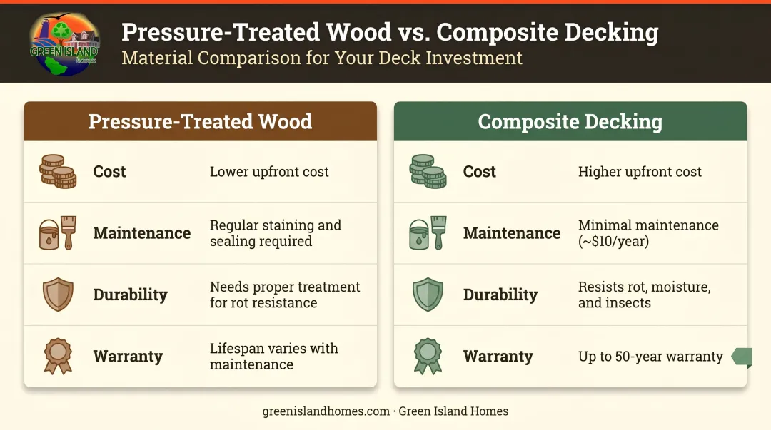 Pressure-treated wood versus composite decking side-by-side comparison infographic