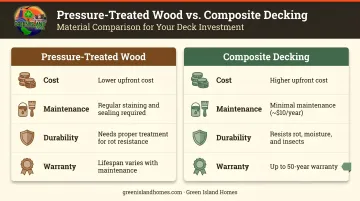Pressure-treated wood versus composite decking side-by-side comparison infographic