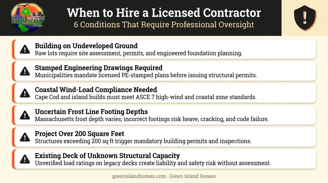 Six conditions indicating when to hire licensed contractor for deck construction