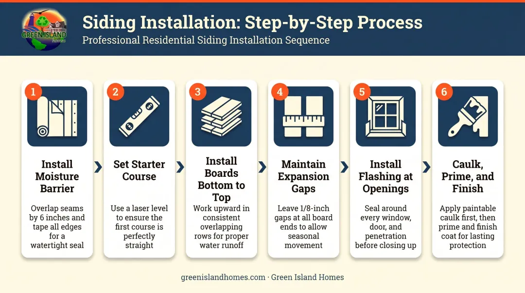 Exterior wood siding installation sequence six-step process flow diagram