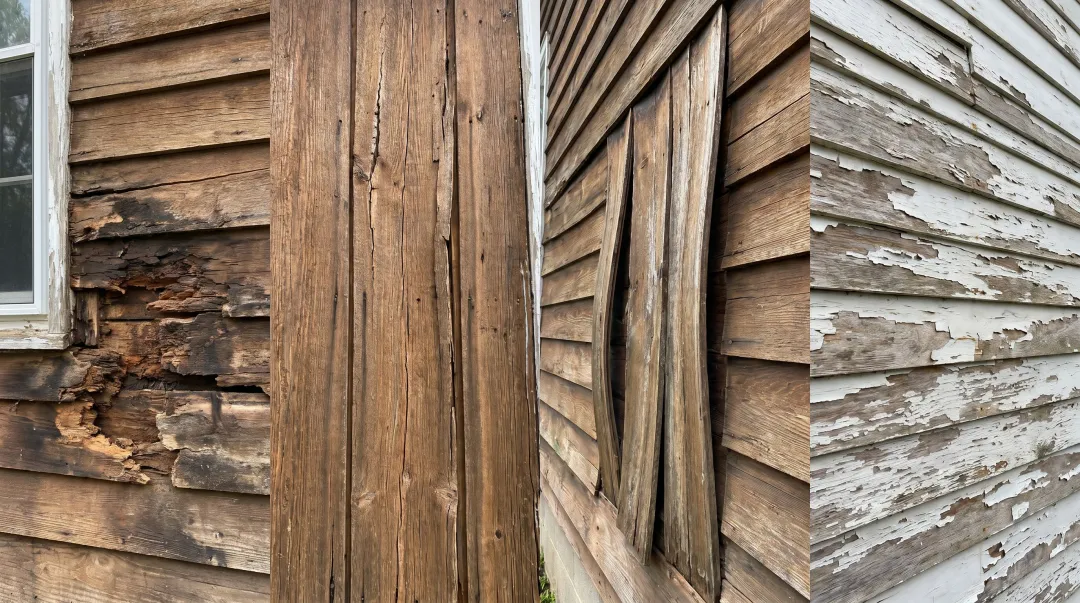 Close-up of rotted and warped exterior wood siding damage on house