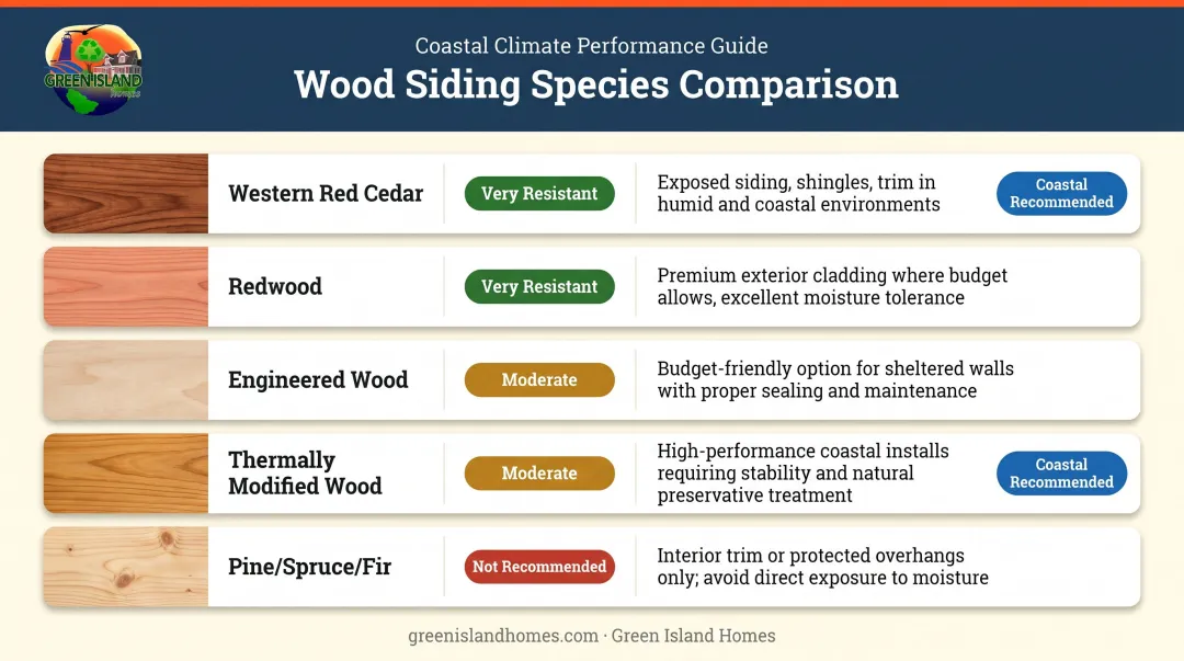 Wood siding species comparison chart decay resistance and coastal climate suitability
