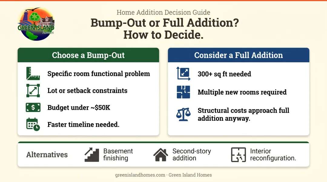 Bump-out addition versus full home addition decision framework comparison infographic