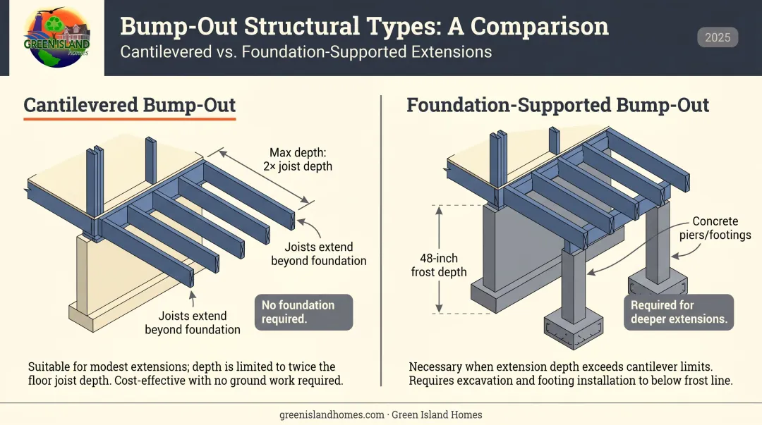 Cantilevered versus foundation-supported bump-out addition structural comparison diagram
