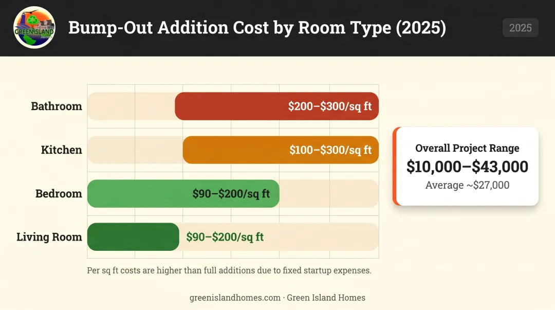 Bump-out addition cost breakdown by room type per square foot comparison chart