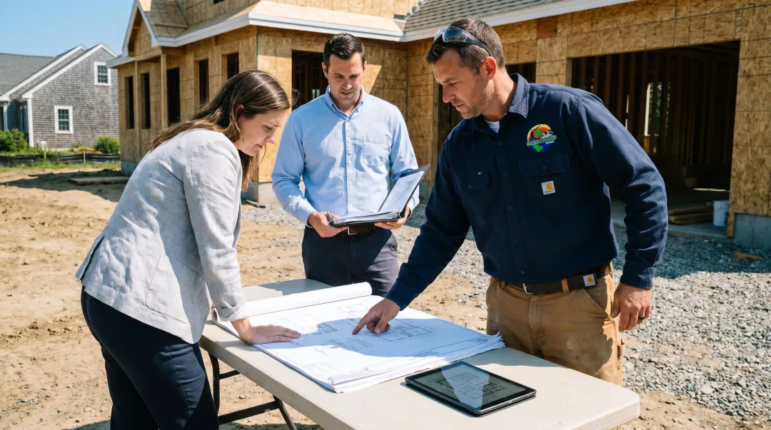 Custom home builder and client reviewing construction plans and documents at job site