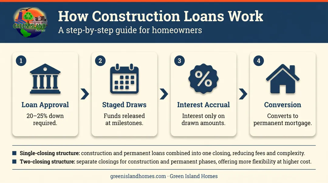 Construction loan draw process showing staged disbursements and mortgage conversion