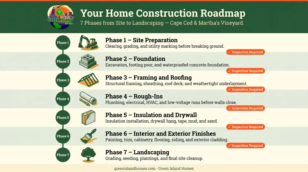Seven-phase custom home construction sequence from site preparation to landscaping